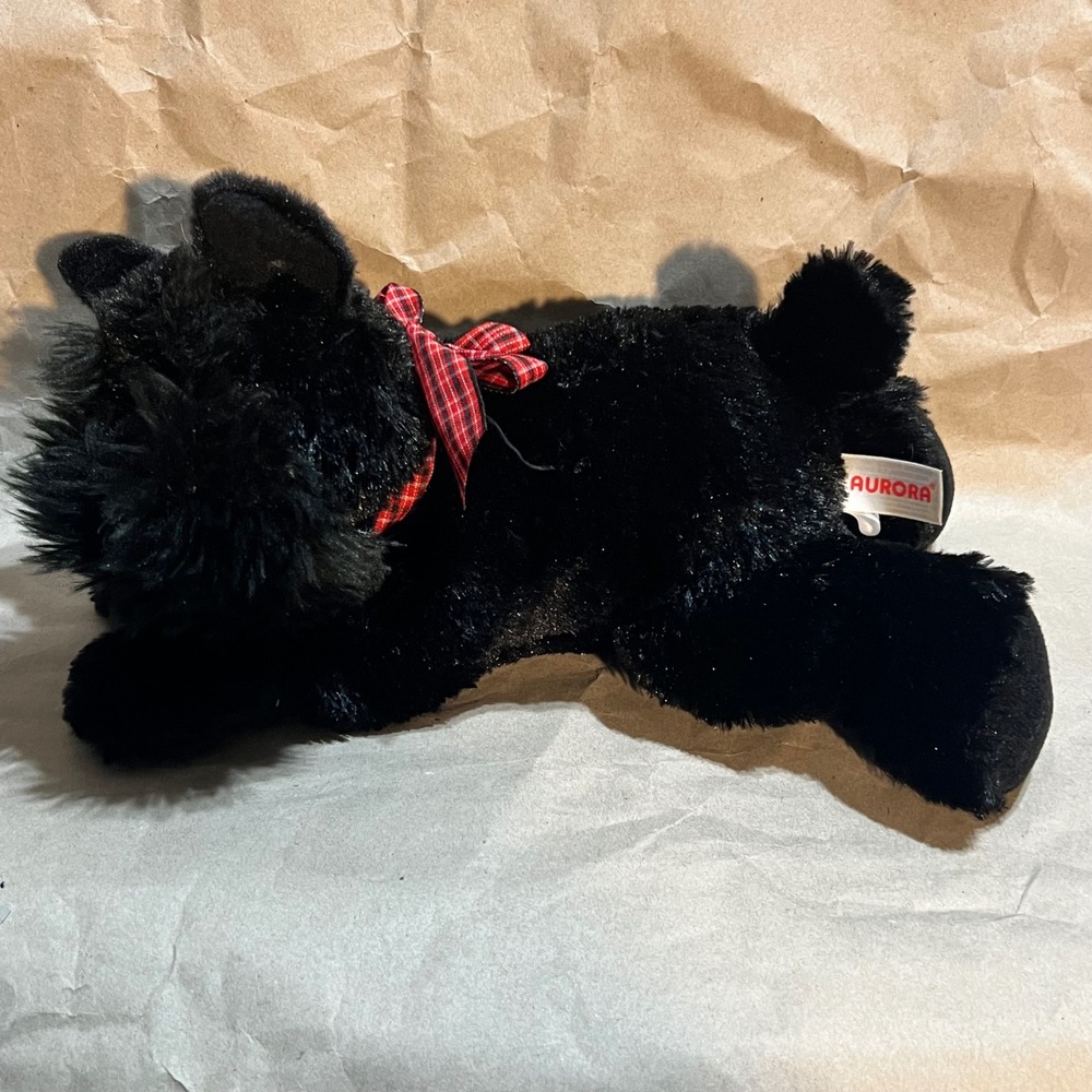 Aurora Small Scottish Terrier Plush Black Scottie Dog Red Plaid Bow Toy